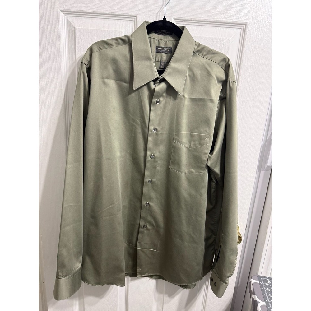 Arrow Long Sleeve Dress Shirt Size 17 1/2 36/37 Green Sateen Wrinkle Free
